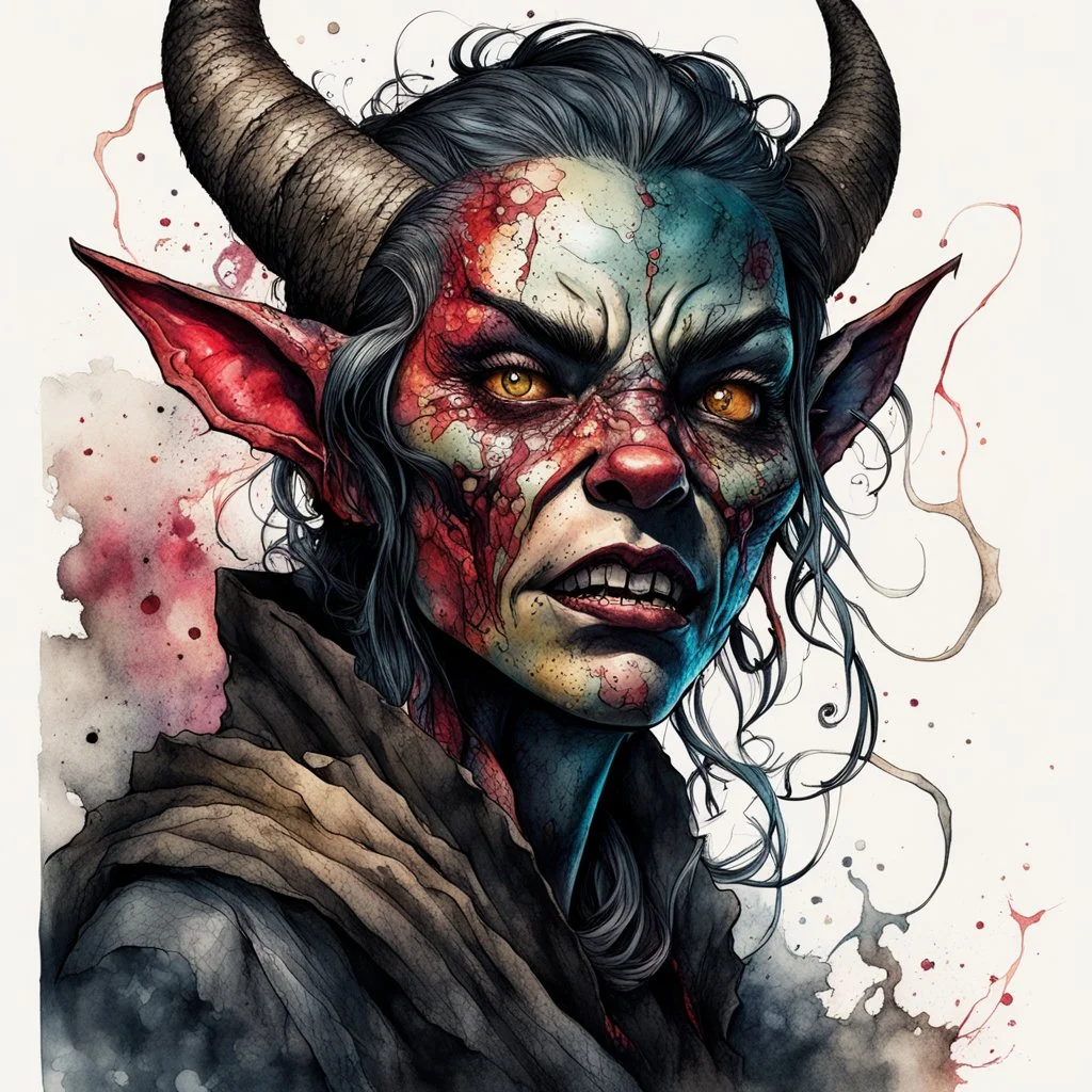 highly detailed full color, ink wash and watercolor concept illustration of an ancient, haggard, world weary, female Tiefling anti heroine character , maximalist, sharp focus, highest resolution, in the styles of Alex Pardee, Denis Forkas , Bill Sienkiewicz, and Masahiro Ito, boldly inked, 8k, coarse, gritty textures