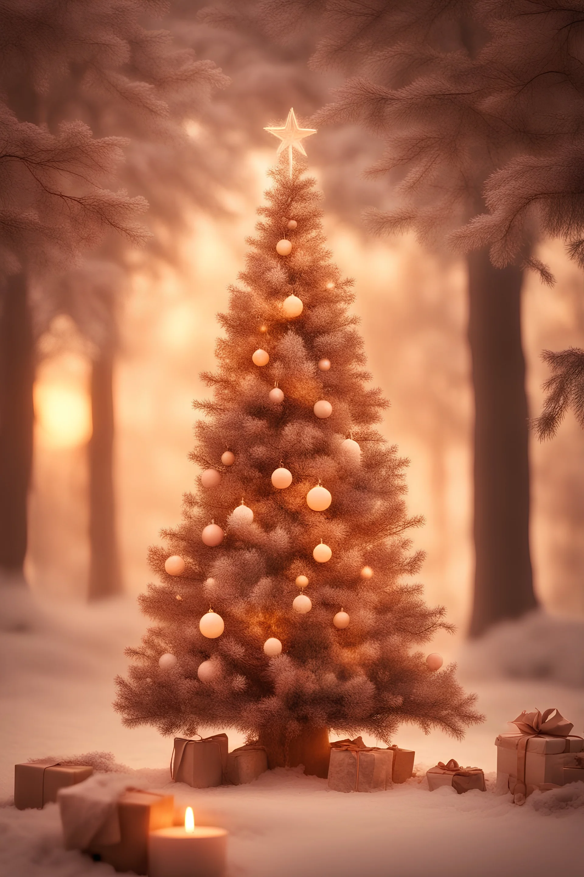 An idyllic image of a Christmas tree in a romantic style, focusing on the beauty of nature and warm, soft colors