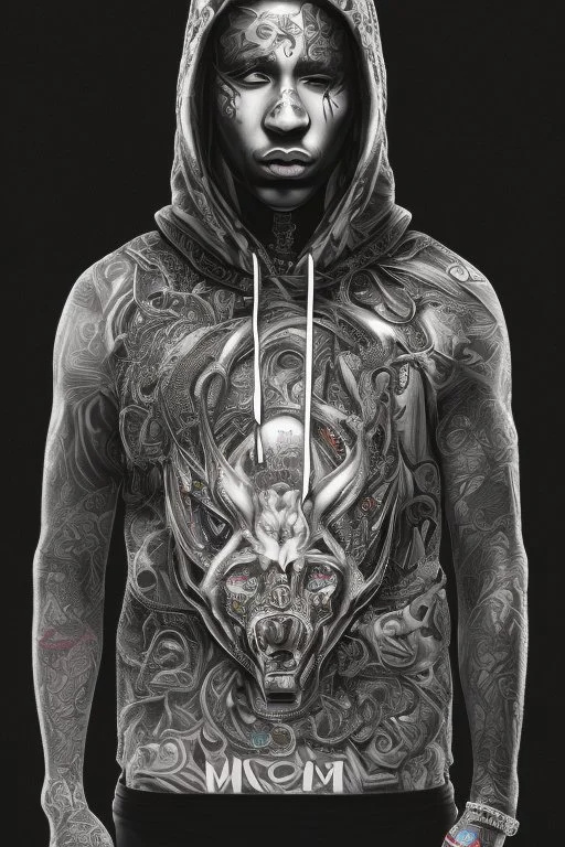 Cool black rapper with all the jewelery and tattoos, hoody and moves. Surrounded by an abstract backstreet graffiti vibe