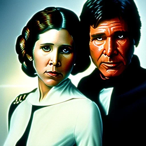 carrie fisher embracing harrison ford, waist up portrait, intricate, oil on canvas, masterpiece, expert, insanely detailed, 4k resolution, cinematic smooth, intricate detail , soft smooth lighting, soft pastel colors,