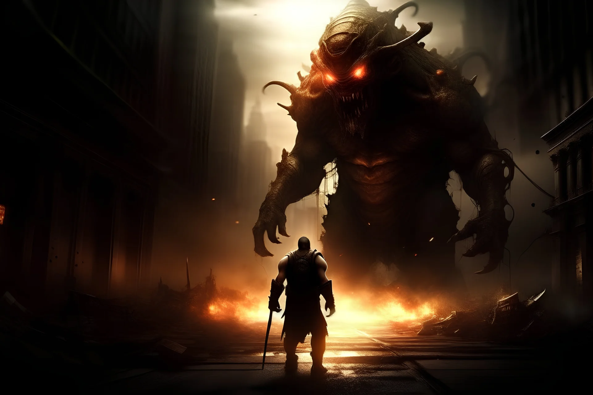 Desktop background god protecting a simple charactature of a man he walks thru a bleak post apocalyptic monster and demon infested urban landscape showing 100 demons shooting firey darts at the man who is protected by a sheild of light.