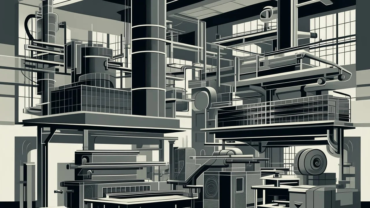 A gray factory with a printing press in Bauhaus art style
