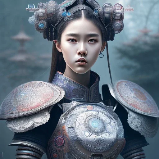 robot samurai girl, sango fantasy, fantasy magic, intricate, sharp focus, illustration, highly detailed, digital painting, concept art, matte, artgerm and paul lewin, masterpiece, mercury armor