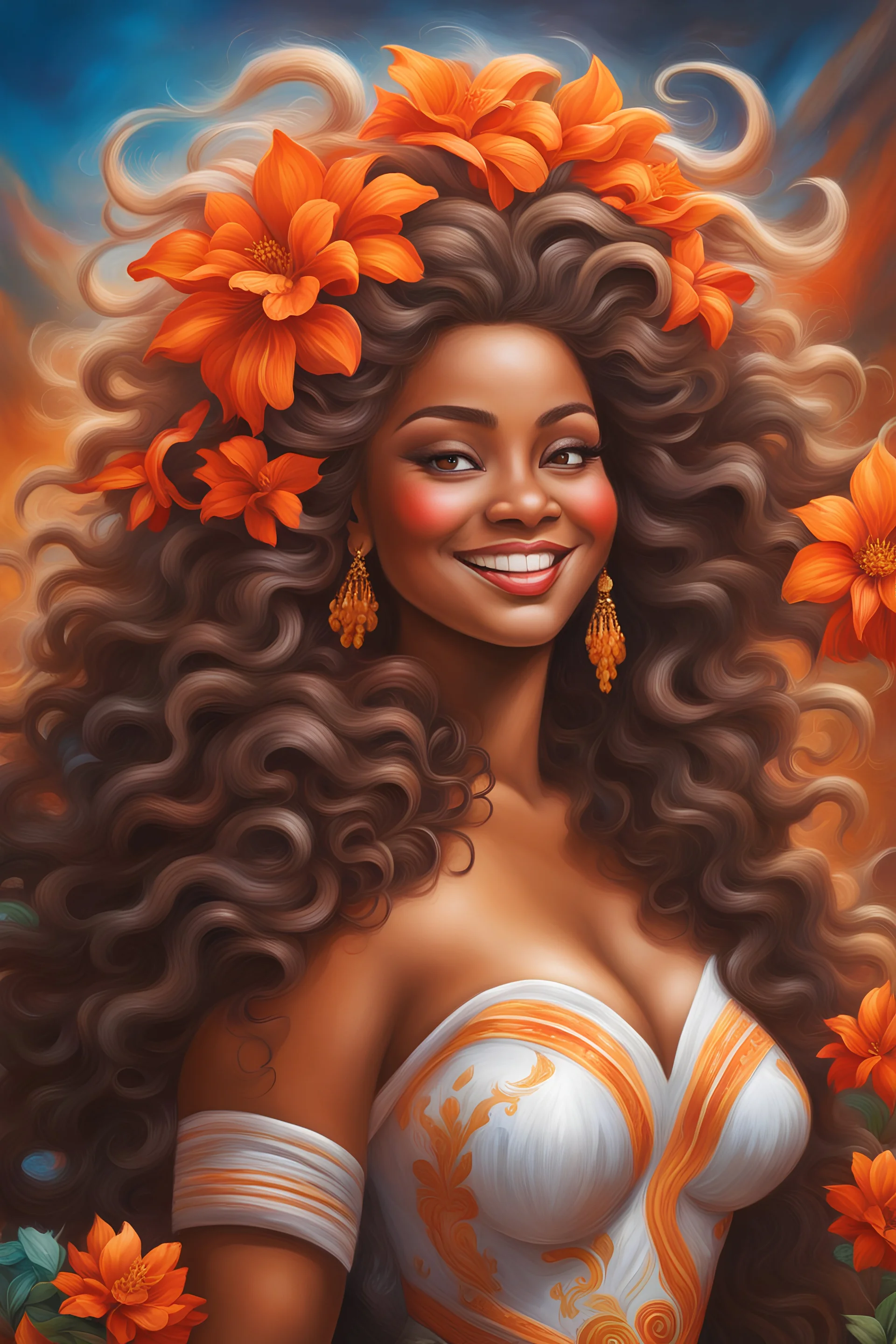 vibrant chalk art oil painting with airbrush, 8k, cartoon art image of a Zulu curvy female looking to the side smiling with a large mane of curly brown hair flowing through the wind, prominent makeup with hazel eyes, highly detailed hair, background orange and red jasmine flowers surrounding her