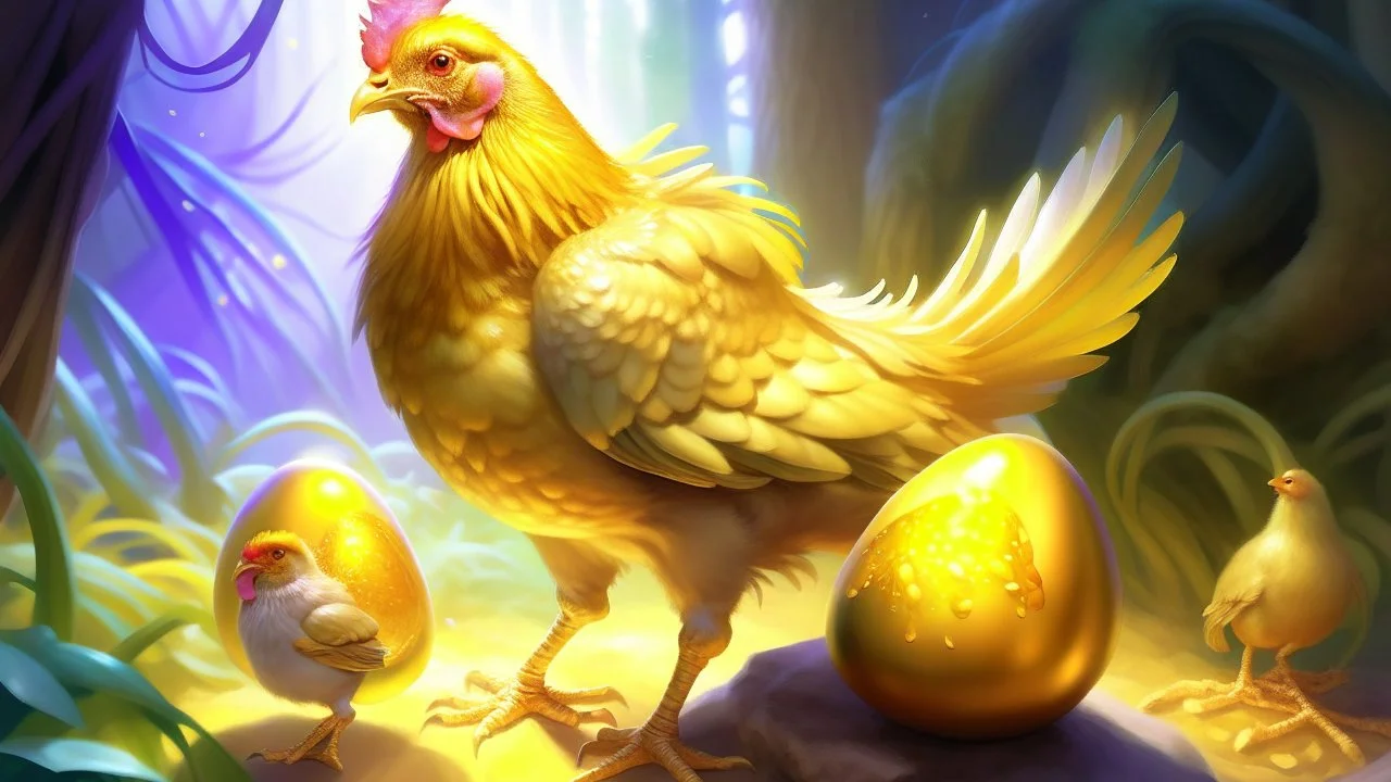 Fantasy digital illustration: = one magical hen that laid golden eggs