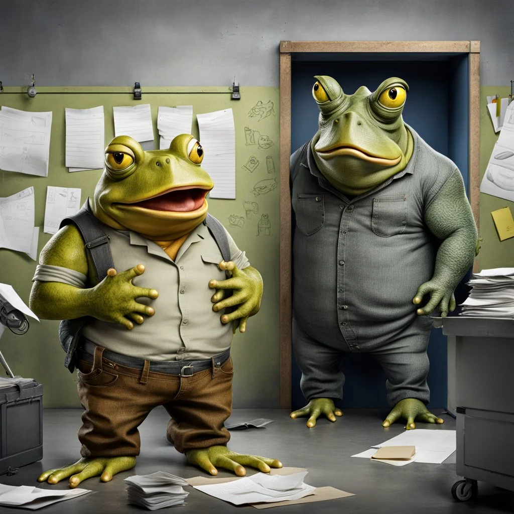 in front the camera be seen up to the waist a fat yellow-green color angry anthropomorphic frog in simple human cloths and take his hands many paper in office, on the wall hang an wall board with some written sheets of paper, behind in background an big strong gray anthropomorphic rhinoceros standing in blue jeans , t-shirt behind in halb open door , dark colors, detailed 3d, sci-fi, fantasy mood