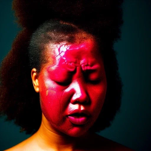 a brain exploding. kintsugi. Chaos. Portrait of a young black woman crying.a mind fracturing.confusion. Tears the colour of oil. Depression seeping out of her eyes nose and mouth like a oil spill