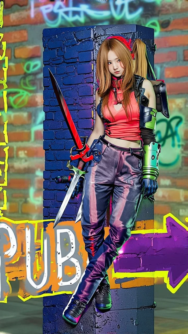 teen woman in retro-futurist cyberpunk costuming with pants and sheathed swords leaning to the side with shoulder against a brick pillar, add a background of brick with graffiti of a large arrow pointing to the right and text of the word "PUB" on lower left