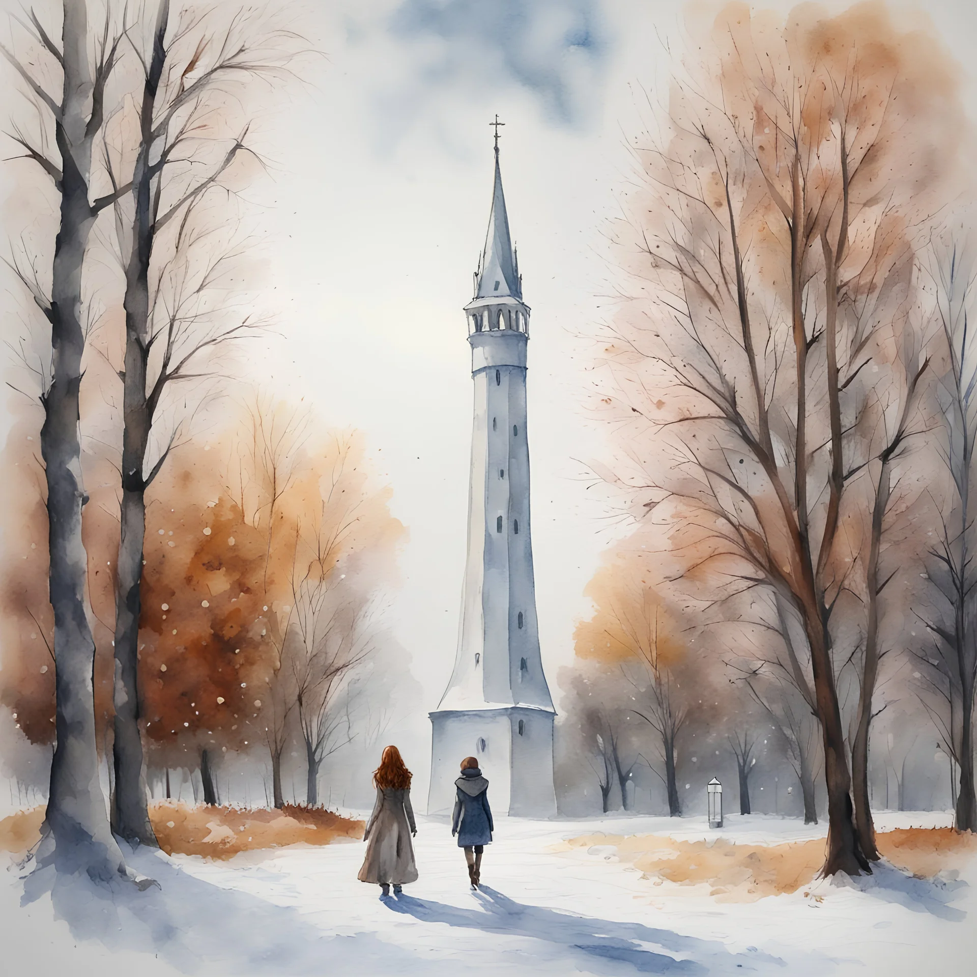 "realistic" full size a woman in a snowy park walks towards a white tower. There are trees and a snow-covered bench along the path. The leaves on the trees are dry and brown. The sky is grey. watercolor wet on wet, romantic, detailed. watercolor painting wet on wet, romantic, detailed, award winning, colourful, focused, nikonD850