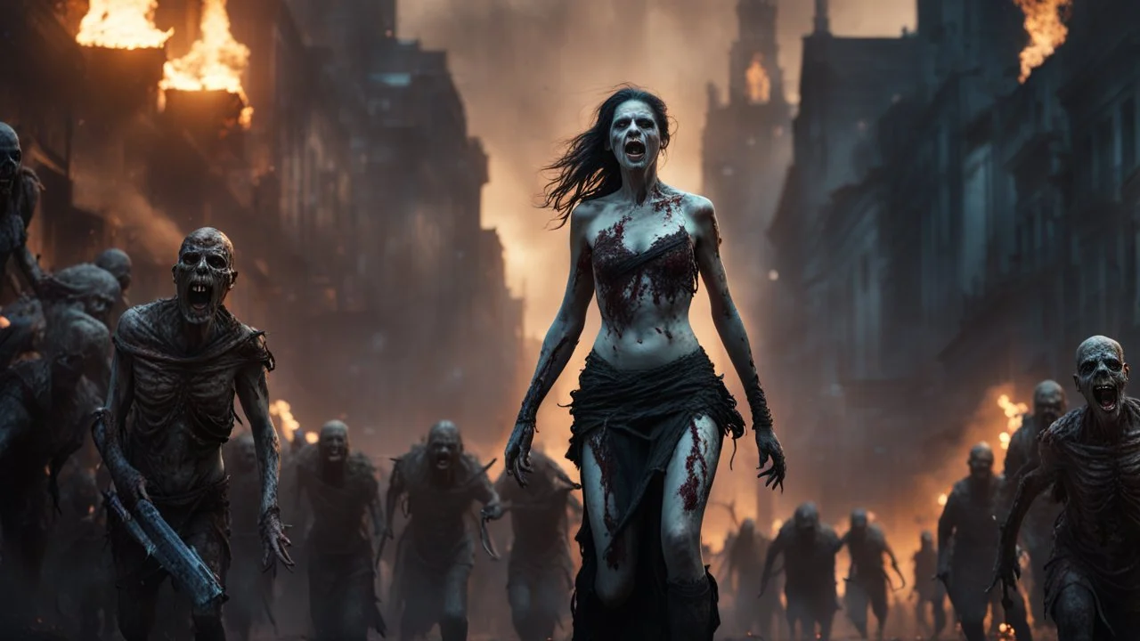 a horrifying female wight leading an army of rotting zombies through burning city. the big naked truth. dd cup. fantasy setting. armor melted into the skin. blood. intense horror. blind terror. scared to death. a masterpiece, fantasy concept art, dynamic lighting, hyperdetailed, intricately detailed, deep color, Unreal Engine, volumetric lighting, Epic cinematic brilliant stunning intricate meticulously detailed dramatic atmospheric maximalist digital matte painting