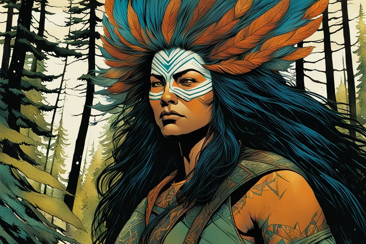 create a wildly conceptual closeup full body print illustration of a female Kwakiutl huntress with highly detailed hair and feminine facial features, in the coastal cedar forests of Vancouver Island , in the comic book art style of Bill Sienkiewicz, Mike Mignola, Sparth, Maxfield Parrish, and Jean Giraud Moebius, finely textured, drawn, colored, and inked, suffused with dramatic natural light