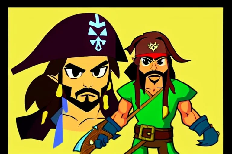 Cartoony and muscular Captain Jack Sparrow, Legend Of Zelda: Wind Waker style, stylized, colorful, adventurous.