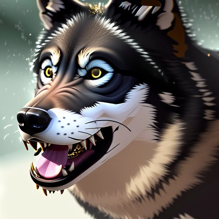 Ultra realistic cg rendering of Jet black wolf with gold eyes and saliva dripping from canine teeth