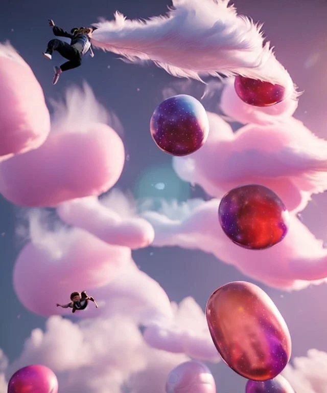 Ultra realistic speed clouds sky scene, wide angle view, sweet men falling down with many Childs, feather color clothing, free jumping flying, many trinkets, hair monster, many jelly beans, balls, color smoke, smile, happy, circus style, extreme, wind, clouds sea, 20,000 feet altitude, stratosphere, soft color, highly detailed, unreal engine 5, ray tracing, RTX, lumen lighting, ultra detail, volumetric lighting, 3d, finely drawn, high definition, high resolution.