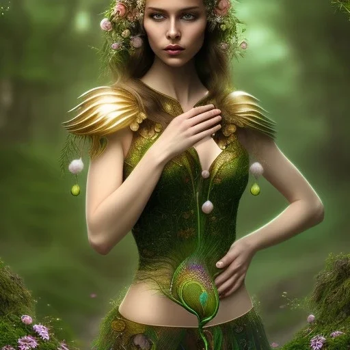 delicate hands with gold apple, upper body of dark celtic selda, fast walker, as a brunette young cute feminine woman, short hair, green forest background, pond, mega flowers,peacock,sun light