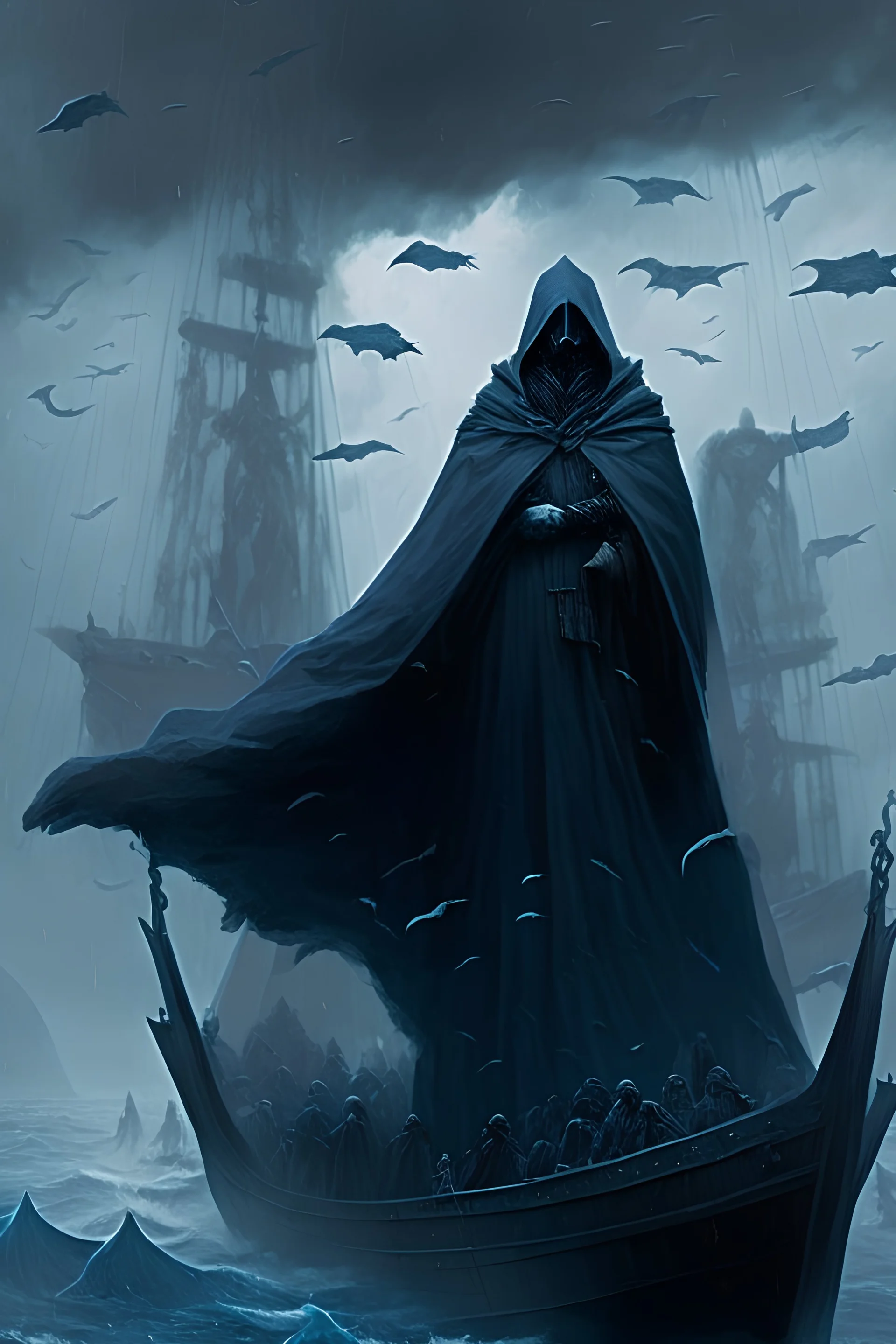 single male cloaked and hooded, wearing dark long robes floating with arms spread wide above the deck of an English-like ancient boat, surrounded by an armada fleet of ships in a raging gray blue ocean, cloudy day