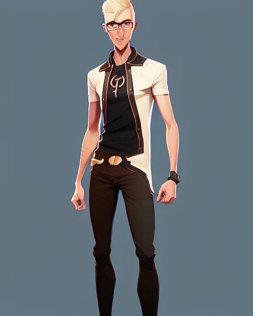 a tall guy who is skinny and scrawny with blond hair and blond beard. his hair is to the left side and he wears glasses. he is wearing a white t-shirt, black jeans and has straight teeth and brown shoes