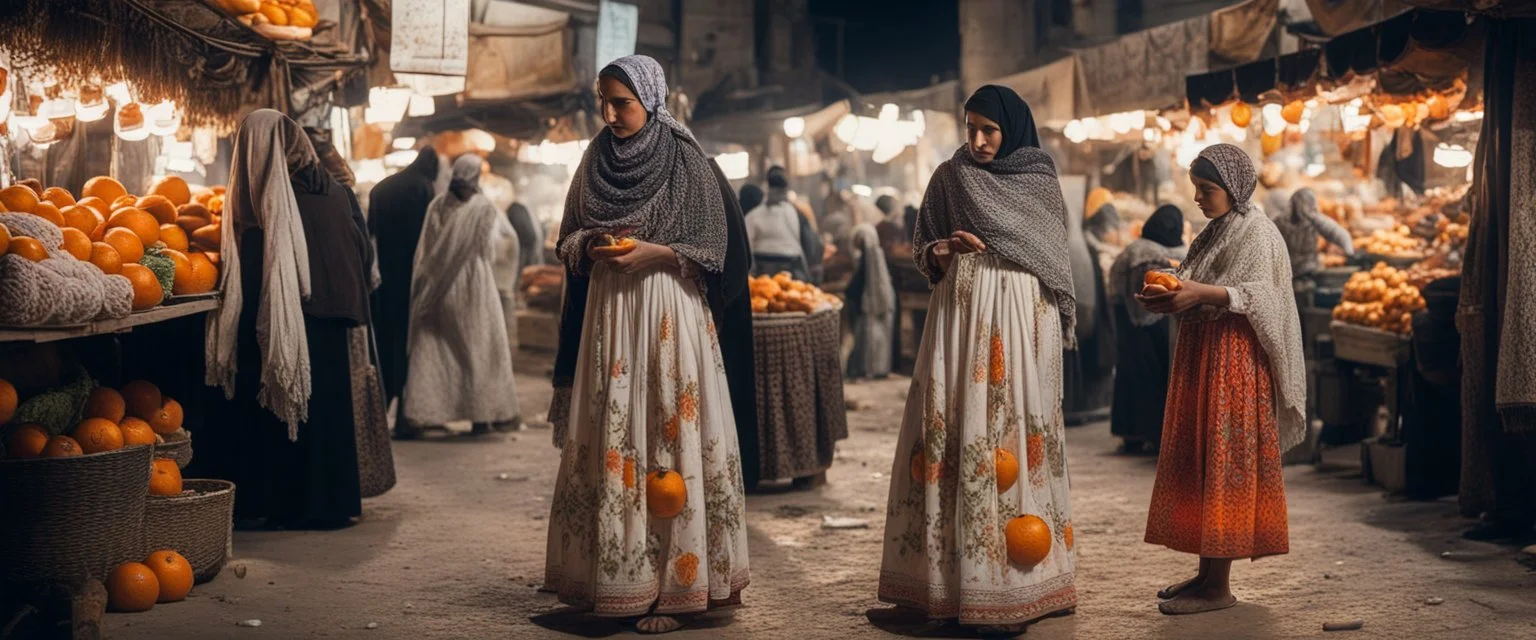 A full-length Palestinian girl wearing an embroidered dress and a white embroidered shawl buys oranges from an old seller wearing a keffiyeh in the market of Jerusalem, 100 years ago, at night with multi-colored lights reflecting on her.