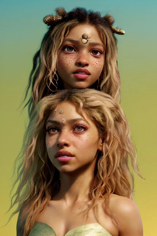 Shakira artist, Realistic image, natural waist up portrait, natural busty , perfect eyes, glow, circle iris, eye liner. spray line make up, glow. lips, gold. big rings piercing, led ornament. coat, vibrant color, highly detailed, art stations, concept art, smooth, unreal engine 5, god lights, ray tracing, RTX, lumen lighting, ultra detail, volumetric lighting, 3d, finely drawn, high definition, 4k.