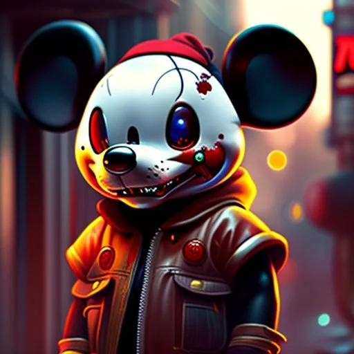 zombie mickey mouse hybrid, photorealism, movie screen capture, horror, sci-fi, retrofuturism,