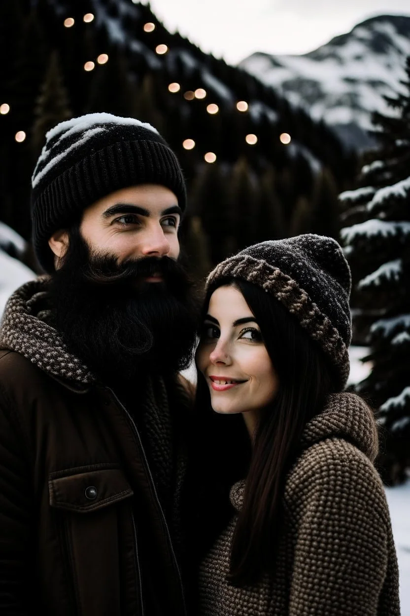 Mountain Christmas scene, dark haired couple, man with black beard