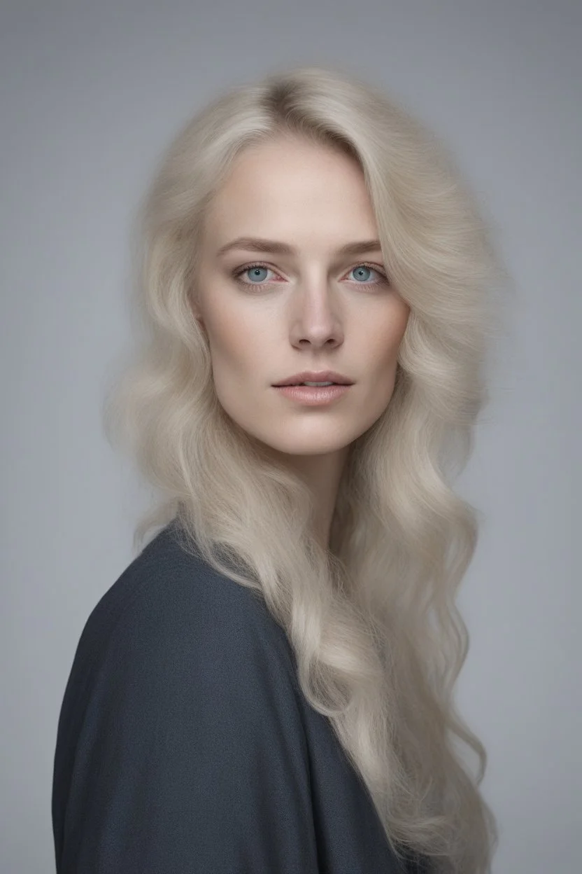 a photographic, photorealistic, true-to-life facial portrait of P. Niss Kockenbahls. with platinum blonde hair, blue eyes, head to waist image, professional quality, studio photograph shot on 35mm film