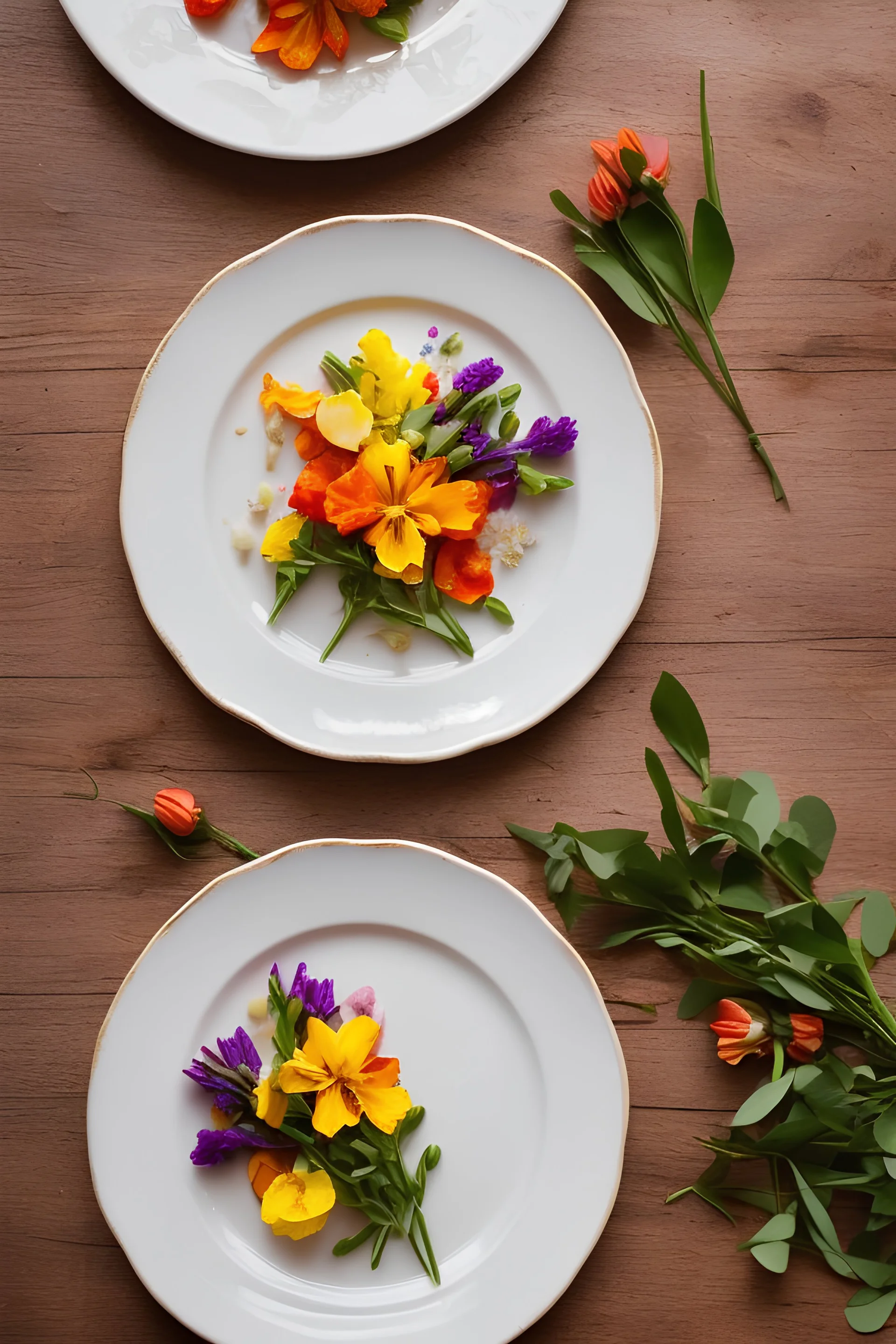 plate of flowers, cinematic lighting, food photography, beautiful, delicious food, recipe photography, realistic, natural light, colorful, food art, object photography, still life food photography, ultra hd, bokeh, cinematic