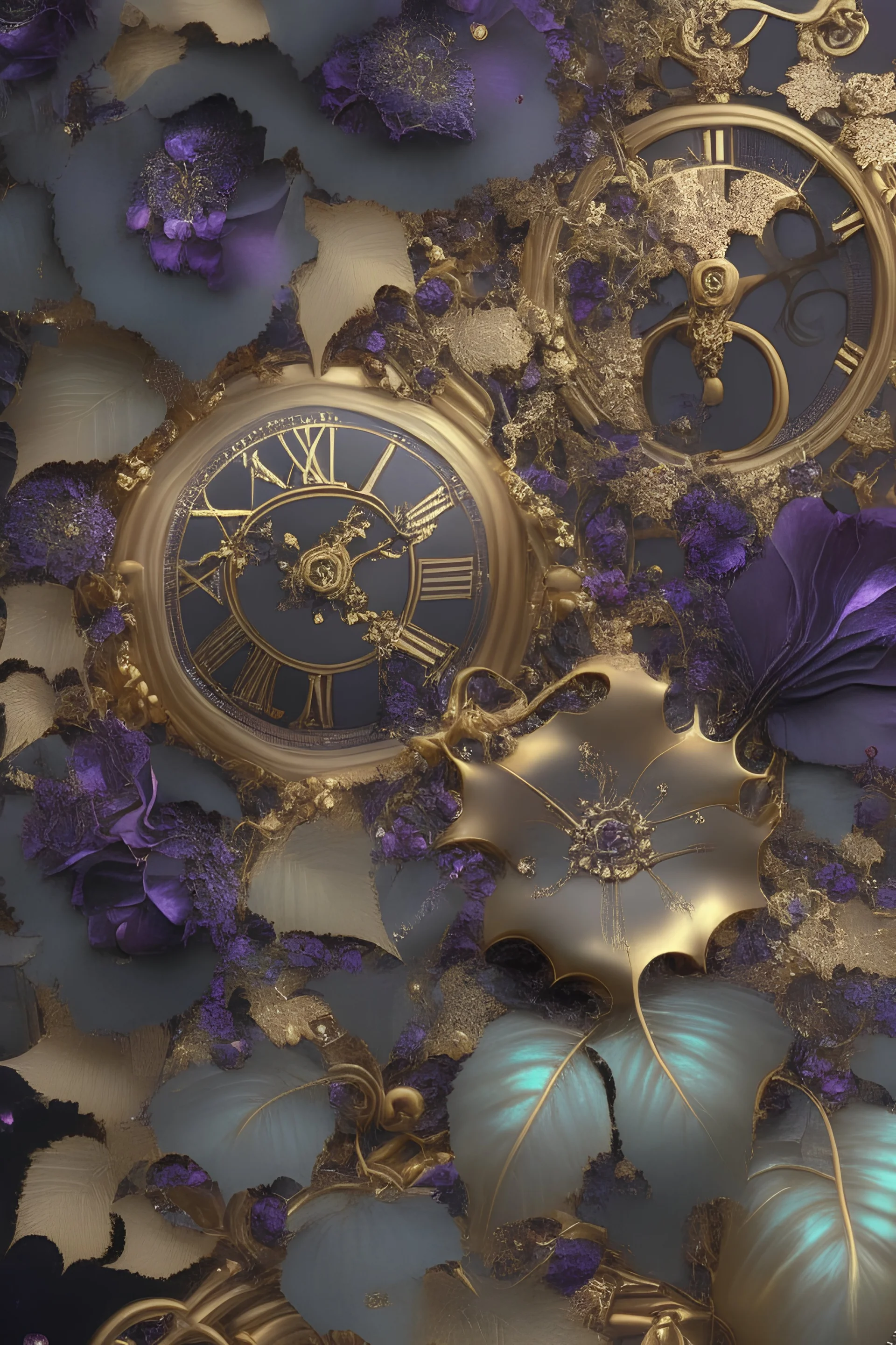 art nouveau, dark colored flowers and ivy, time pieces and gears, gold sparkles and magic, photorealistic