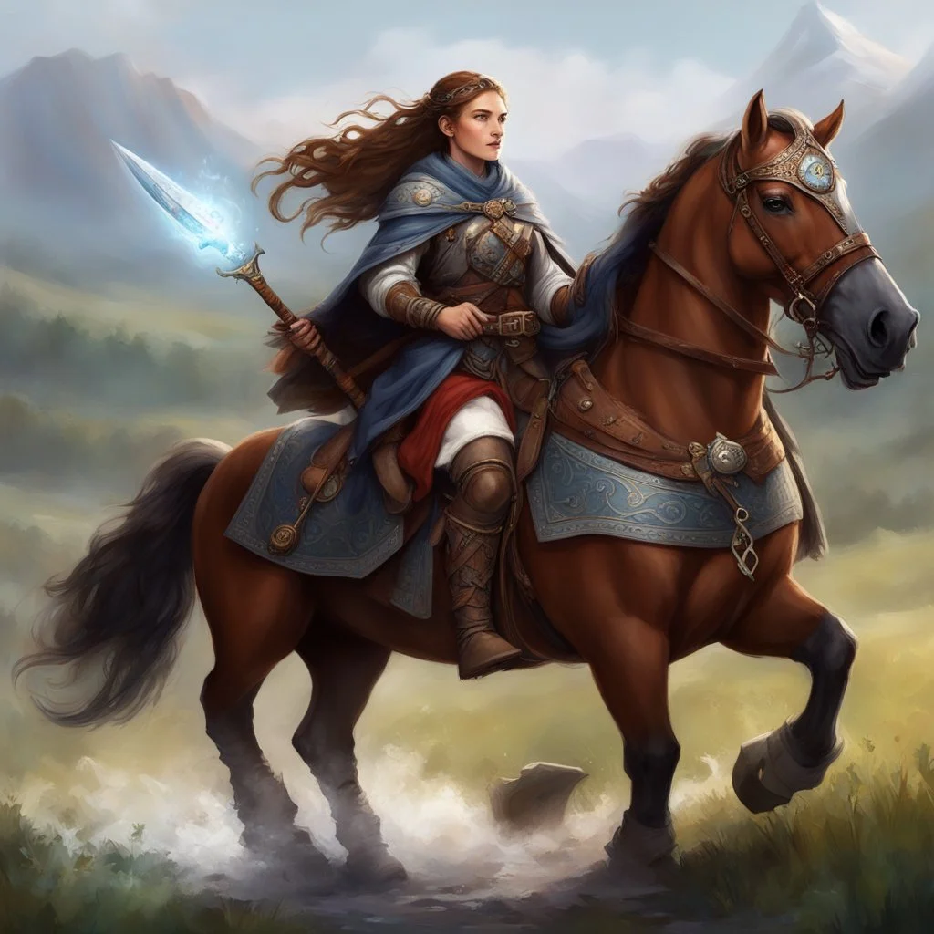 She rides her horse straight ahead, in quest of fancy adventures; her runic battle-axe on her back, a wooden shield on the side of her horse, a tunic and fur boots on her, a wide belt with a flask of water, and a large bag with a blanket, some food and magic herbs.