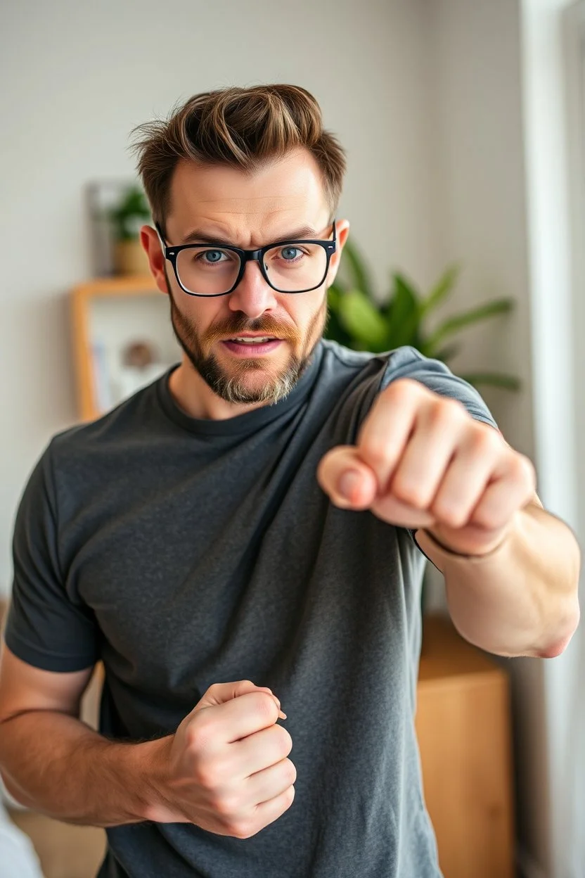 Portrait of angry caucasian man wearing eyeglasses and showing big fist standing at home indoor