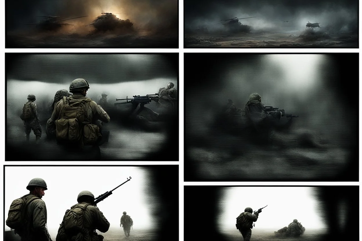 Masterpiece1:5)(Fineart), (award-winning:1.5), highest quality, (ultra realism:1.5) war journalism(,(by Tim Page and Hoorst Faas:1.5))(photorealistic:1.8),RAW pictures (Eastern Ukraine:(panel one:the moment after a battle ends, horrors of war, wounded men),(2nd panel, cinematic shot of men sitting in trench with 1000 yard stare (focus on their eyes:1.5)),(the third panel shows troops tired but hyper alert), (the fourth panel shows the sky is filled with incessant, fire and smoke,)