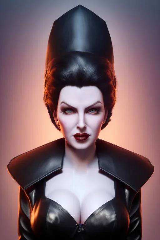 Lana Turner as evil queen in black leather, leather, busty, cleavage, angry, stern look. character design by cory loftis, fenghua zhong, ryohei hase, ismail inceoglu and ruan jia. unreal engine 5, artistic lighting, highly detailed, photorealistic, fantasy