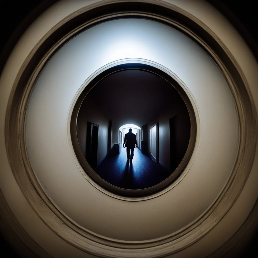 a demon waits in the corridor [A scene viewed through a door peephole, circular fisheye lens distortion, soft dark vignette around edges, slightly warped perspective, as if looking through a small aperture]