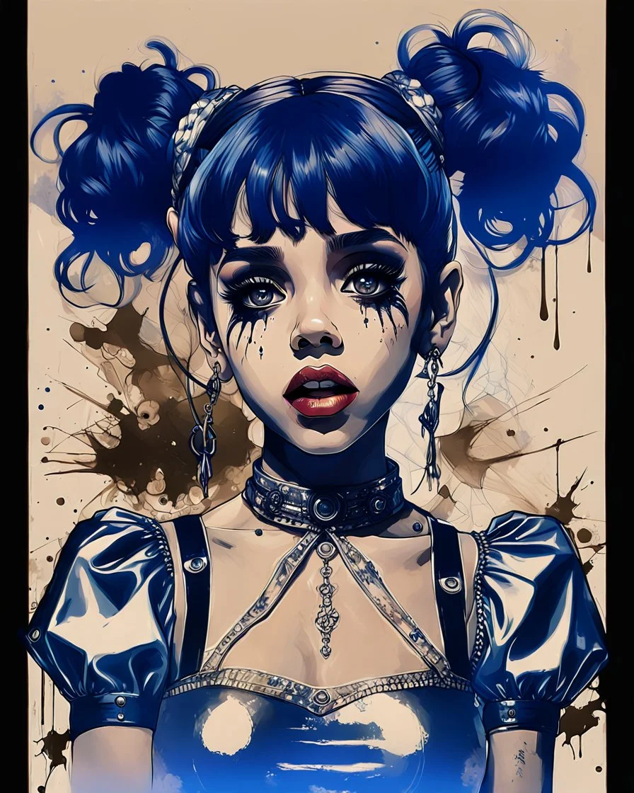 Poster in two gradually, a one side the Singer Melanie Martinez face, full body, painting by Yoji Shinkawa, darkblue and sepia tones,sinister, detailed iridescent, metallic, translucent, dramatic lighting, hyper futuristic, digital art, shot with Sony Alpha a9 Il and Sony FE 200-600mm f/5.6-6.3 G OSS lens, natural light, hyper realistic photograph, ultra detailed -ar 3:2 -q 2 -s 750,malevolent goth vampire girl face and other side