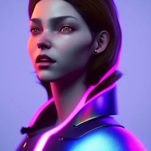 Spanish woman, rounded face, glow made up, red, blue, pink, cold, latex coat, leather, nose piercing, soft color, highly detailed, art stations, concept art, smooth, unreal engine 5, god rays, ray tracing, RTX, lumen lighting, ultra detail, volumetric lighting, 3d, finely drawn, high definition, high resolution, neon background.