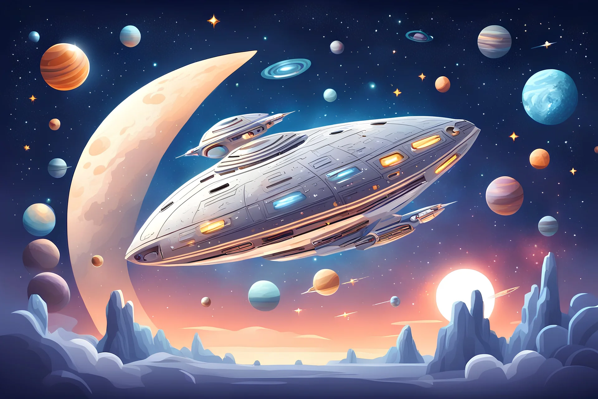 flat round silver light FANTASY spaceship in starry sky with planets