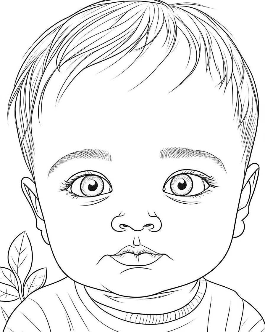 baby kid & pet, realistic face, real, full view, realistic face, coloring page, only draw lines, coloring book, clean line art, –no sketch, color, –ar 3:4, white background, minimalistic black lines, minimal black color, low level black colors, coloring page, avoid thick black colors, thin black line art, avoid colors, perfect shape, perfect clear lines,