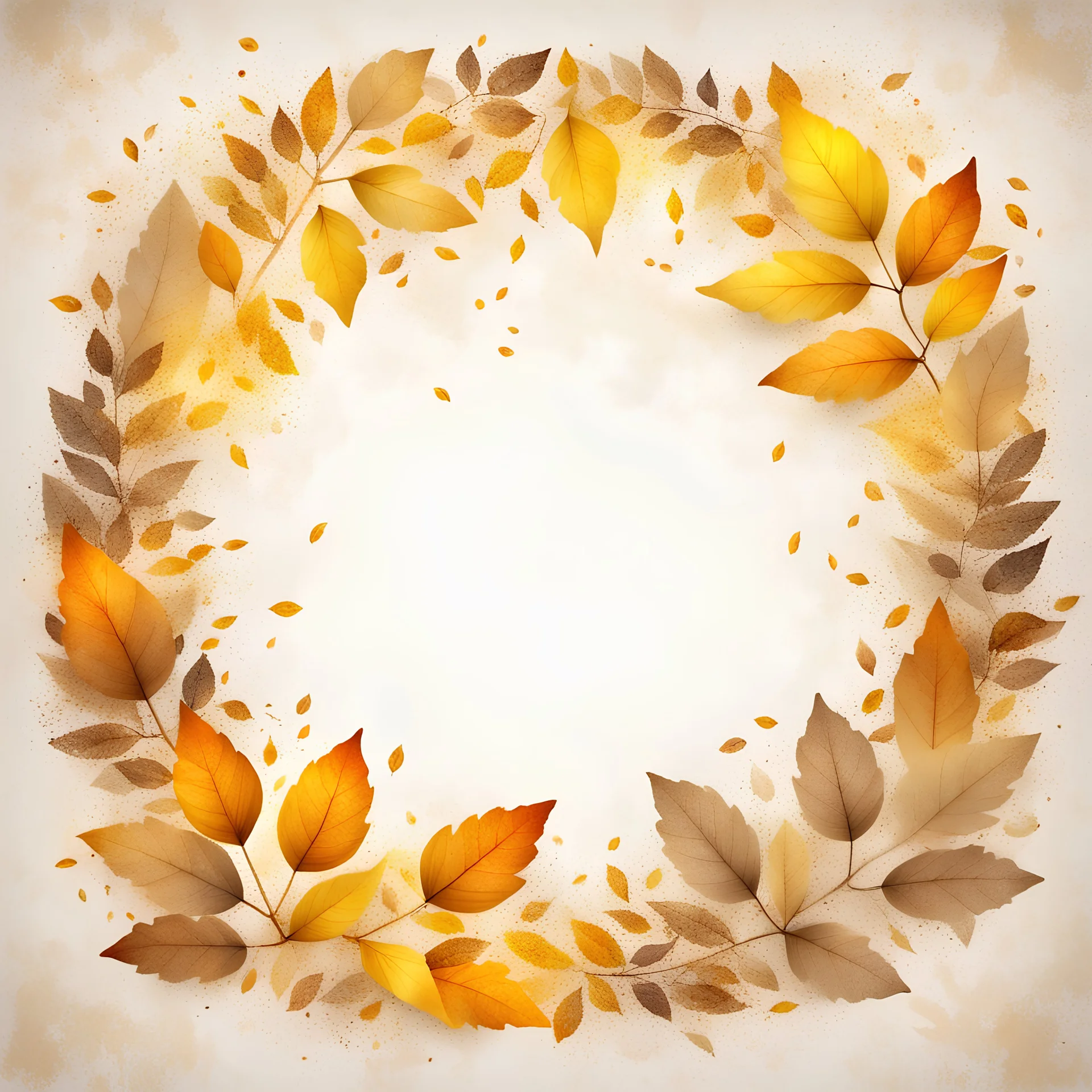 Hyper Realistic Beige-&-Yellow small-multicolor-Leaves-Circular-Frame With Glowing Golden Embers On Off-White Grunge Background.