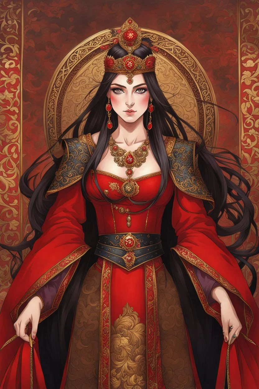 woman with long brown hair and red eyes, medieval concubine, anime style, highly detailed, intricate background, red and black clothes, Greg Rutkowski