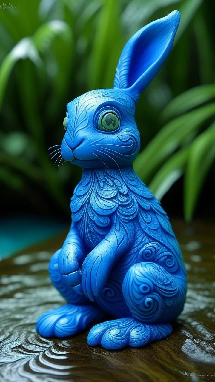 A blue water elemental rabbit designed in Hawaiian tikis painted by Birge Harrison