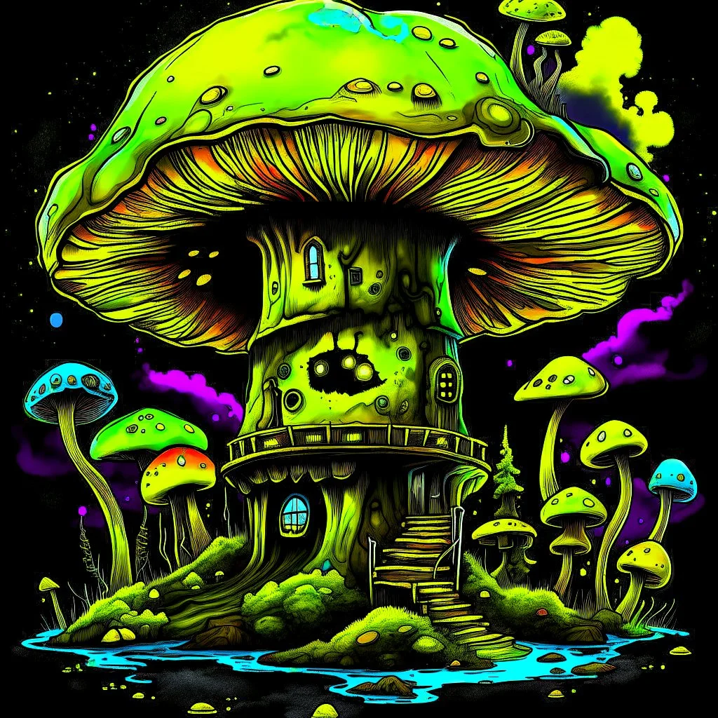 A fantabulous black, green, and yellow (((mushroom tower house))) erected atop a (geologic pillar), surrounded by the uncanny imaginative ((( swirling skies))), offset by the stark hues of a (neon-tinged nebulous space scape), within. captured by the hand a skilled master painter with a focus on (softly blurred compositions and voluminous lighting).