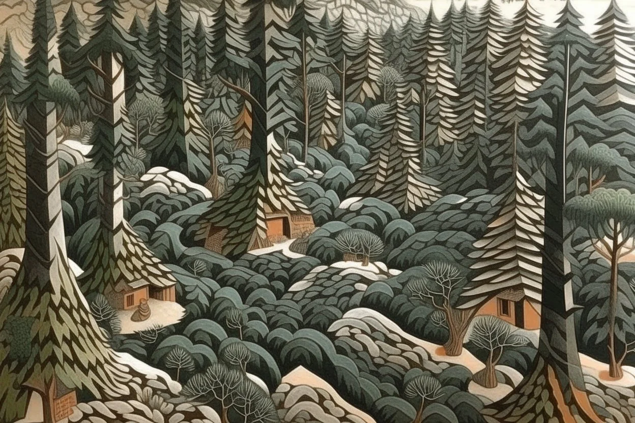 Gray woods made out of gingerbread painted by MC Escher