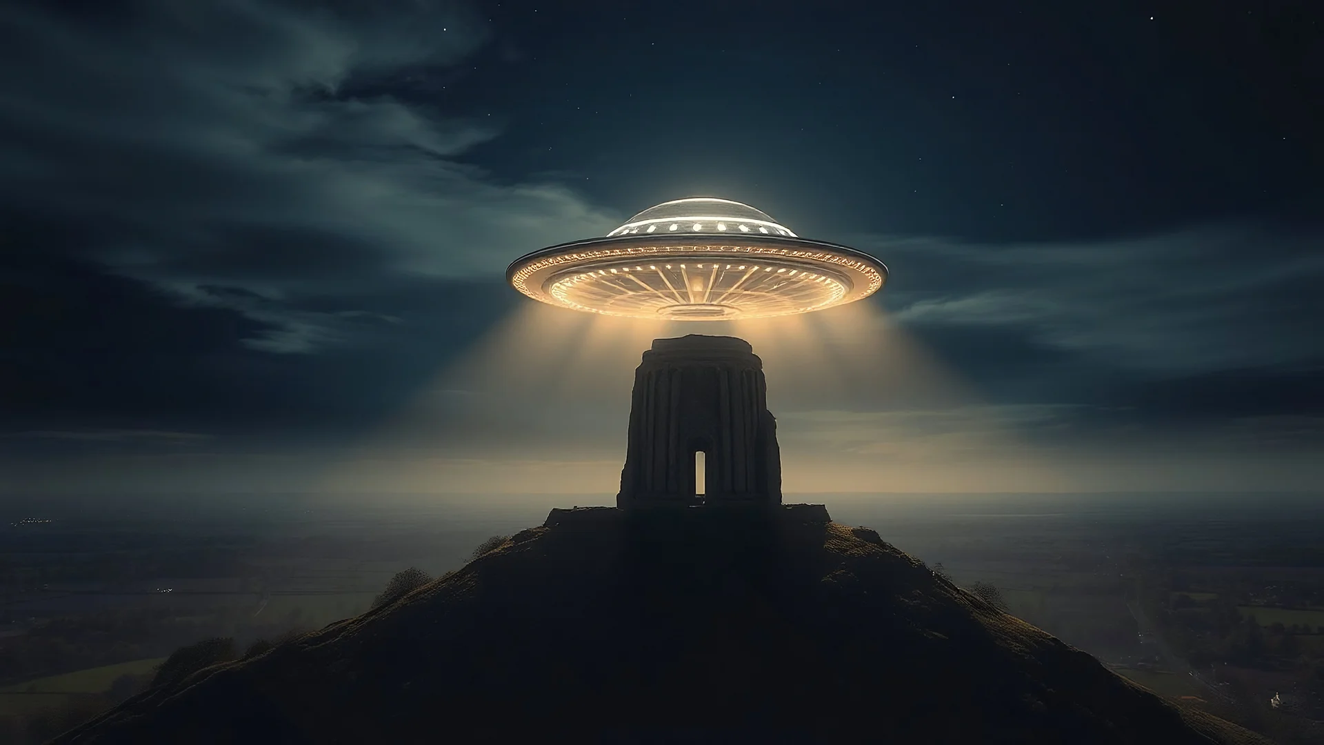 spectacular flying saucer over Glastonbury Tor, exquisite composition, beautiful detailed intricate detailed octane render, 8k artistic photography, photorealistic, perfect light, chiaroscuro, award-winning photograph, masterpiece