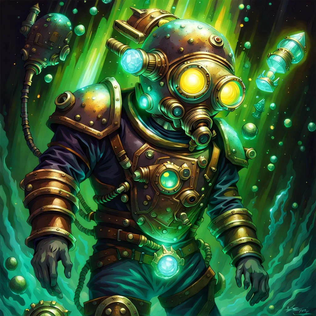 90's tcg art crystal steampunk ghost diver with glowing ghostly armor and huge pauldrons fantasy glowing helmet underwater