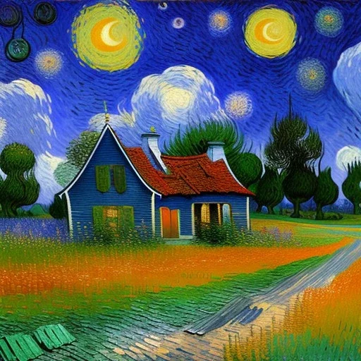 Dibujo al oleo de una pradera con una casa y un tigre con muchas nubes de colores estilo Vincent van Gogh