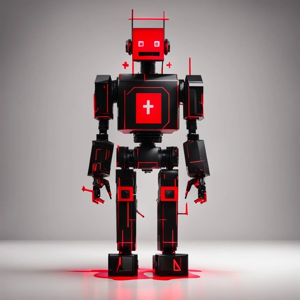 black and red neon geometric bipedal robot with a plus sign shape for the 'eye' in a black monochrome world