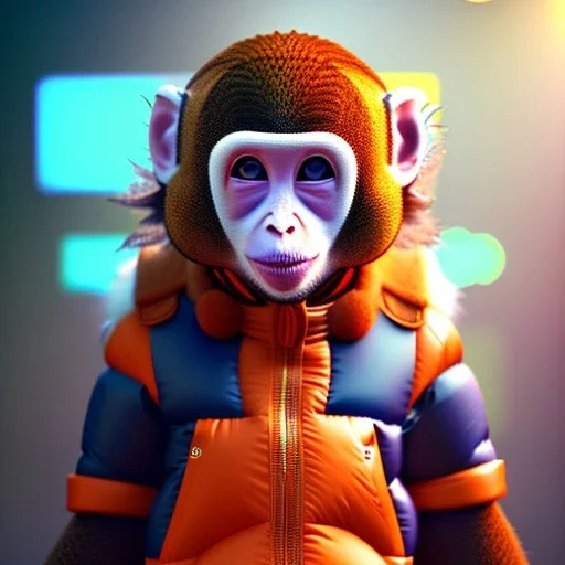 Monkey toddler, smile, steampunk headphone, sunglass, gangsta neckless, full body, orange puffer jacket, tokio background, dramatic lighting, hyper realistic, unreal engine 5, 16k