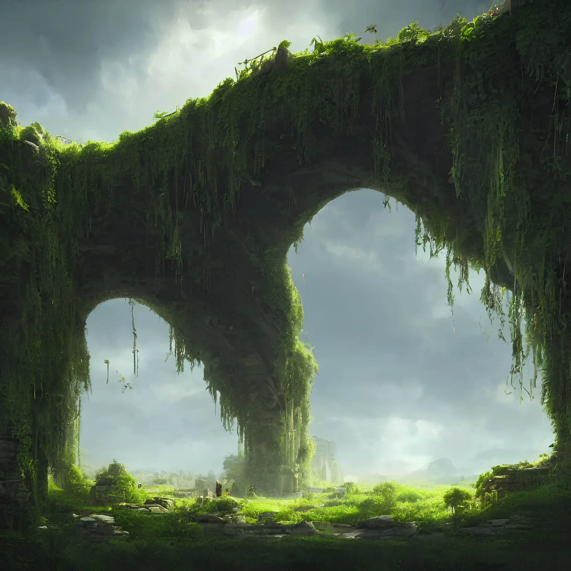 stone arch covered in plants, hanging vines, floating inside an enormous spherical chamber, cinematic, dramatic lighting, cinematic view, epic sky, detailed, concept art, low angle, high detail, warm lighting, godrays, vivid, beautiful, by jordan grimmer, trending on artstation, huge scene, grass, art greg rutkowski