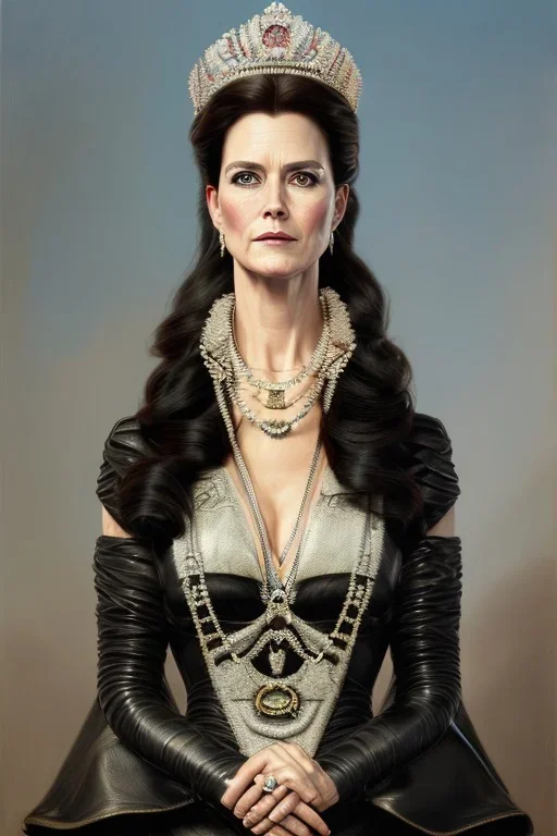 painting of crownprincess mary of denmark as evil queen in black leather, feminie, angry, stern look on her face, volouptous, busty, cleavage, emperious, mature, highly detailed, digital painting, artstation, concept art, smooth, sharp focus, illustration, art by gaston bussiere and alphonse mucha