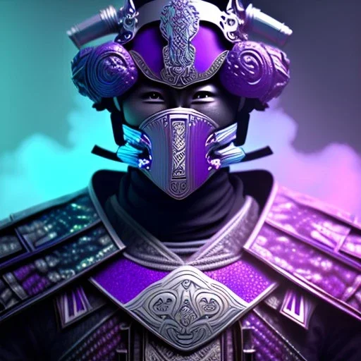 samurai purple masked villain in galaxy, teal and purple smoke, detailed, realistic, 4k